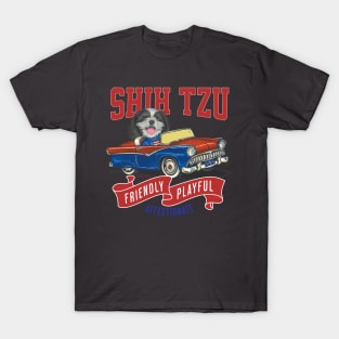 Cute Shih Tzu dog in a funny vintage classic retro car with red white and blue flags T-Shirt